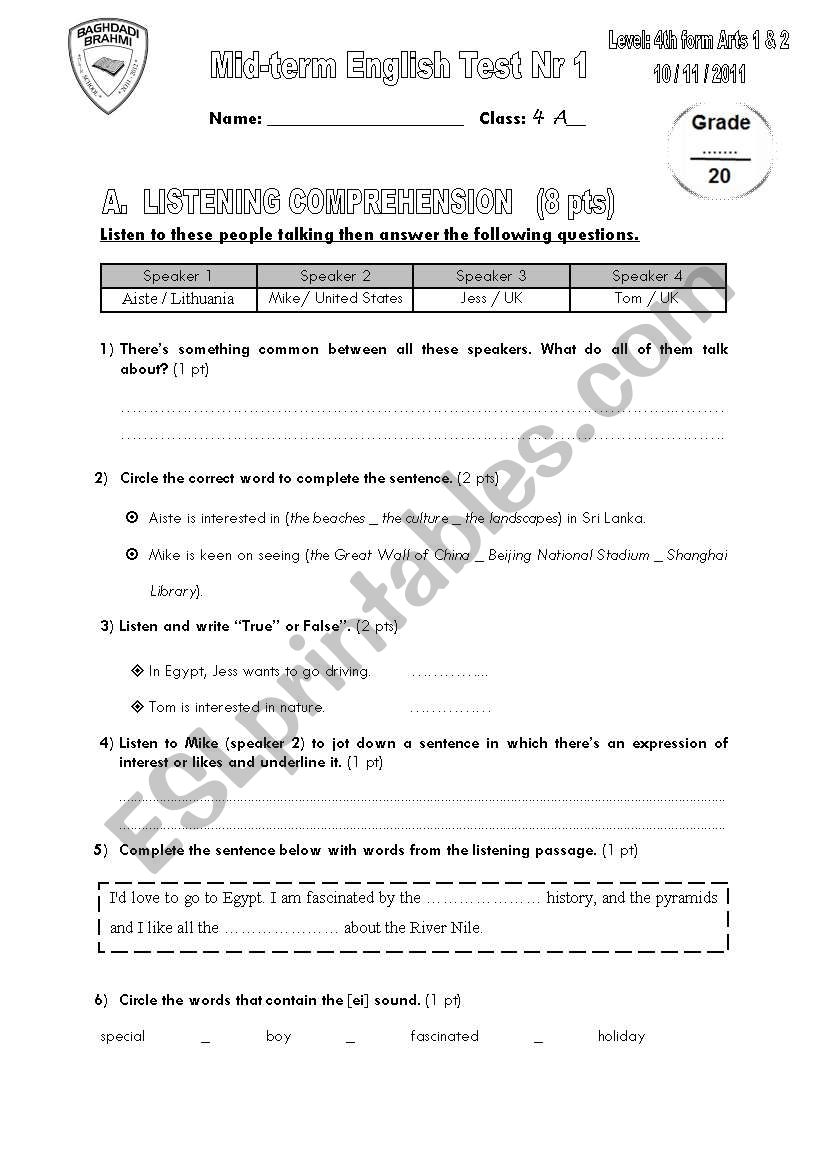 Mid-term Test Nr 1 (4th formers_Arts) [Nov.10th, 2011]